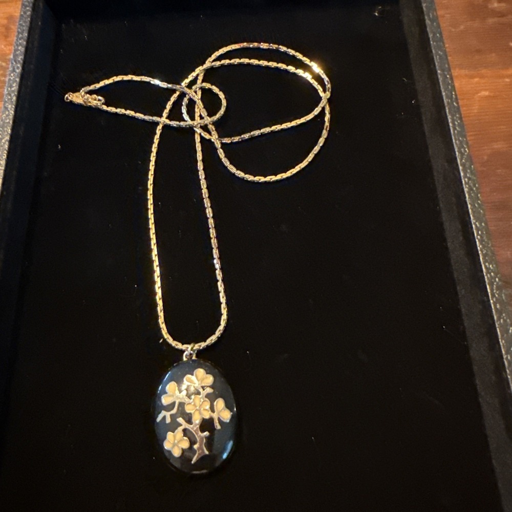 Napier Vintage Damascene Style Pendant Necklace Cherry Blossom Signed 29" Chain